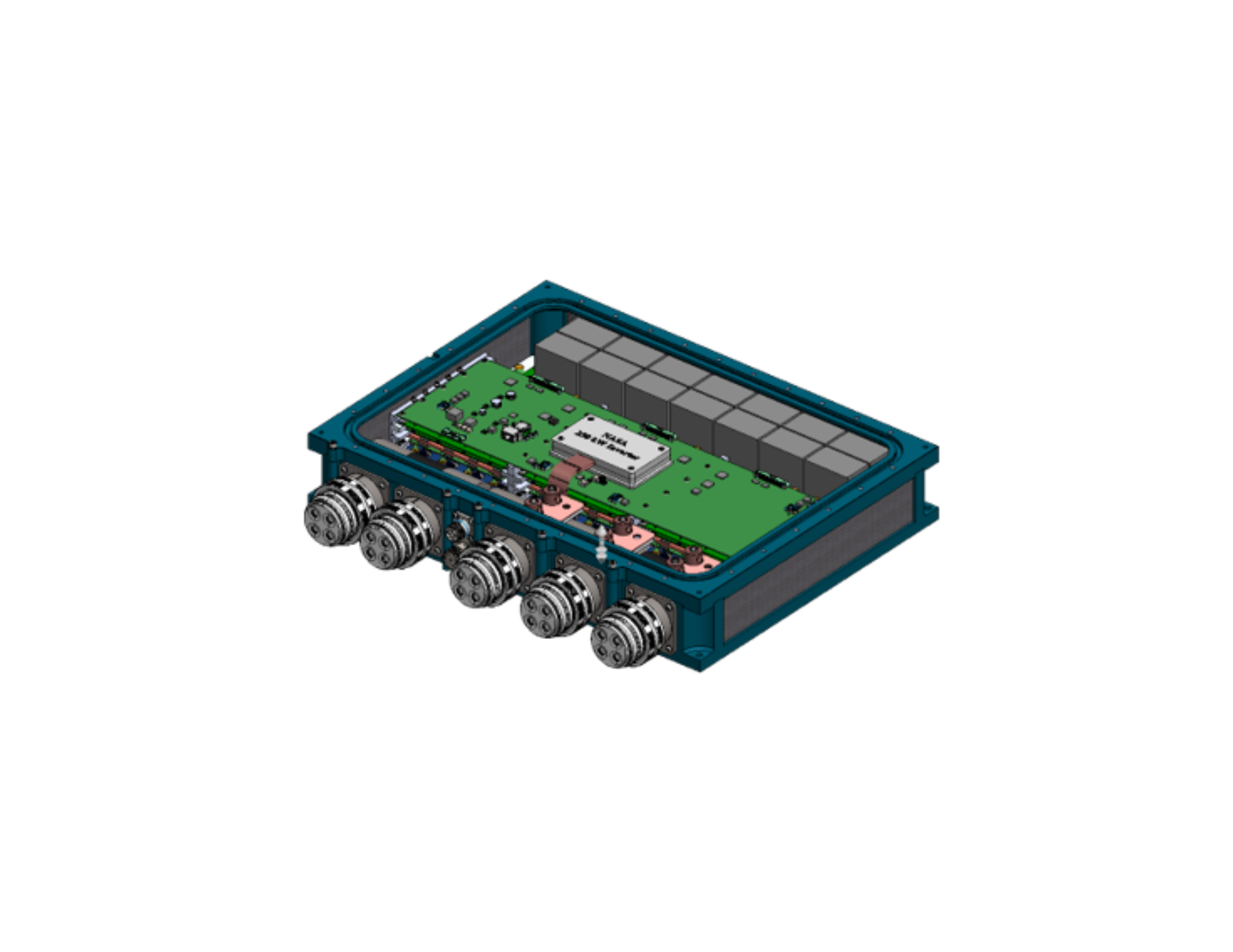 A rectangular piece of hardware with its internal workings displayed using teal, light green, and peach colors. Credit: NASA