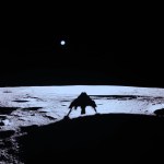 Earth is a small pale circle in the sky in this image taken on the Moon by a camera on @Firefly’s Blue Ghost lunar lander. The Moon’s gray surface sharply contrasts with the blackness of space. The lander’s shadow can be seen on the ground.
