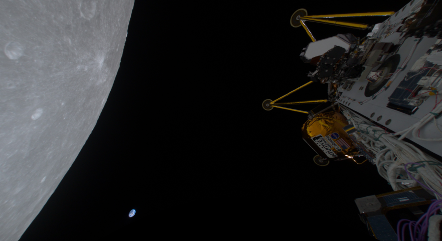 IM-2 mission lunar lander in orbit around the Moon with the Earth in the distant background.