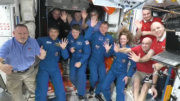 The four SpaceX Crew-10 members and the seven Expedition 72 crew members join each other for a welcoming ceremony shortly after the SpaceX Dragon crew spacecraft docked and the hatches opened.