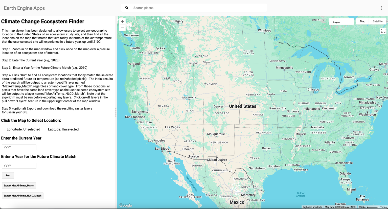 A map zoomed in to the United states, with teal blue for the ocean and a gradient of green and tan on land, with the green concentrated towards the eastern half. To the left of the map is a white block with black text explaining how to use the application.