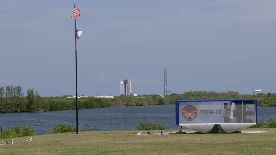 A SpaceX Falcon 9 and Dragon spacecraft stand vertical at Launch Complex 39A at NASA's Kennedy Space Center in Florida on Friday, March 14, 2025.