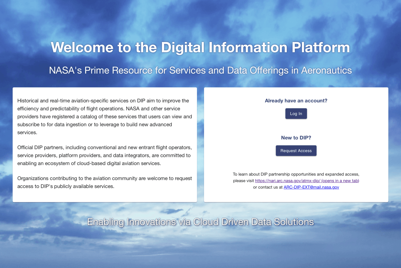 Screenshot of the DIP portal login page. A white box on top of a blue, cloudy sky.