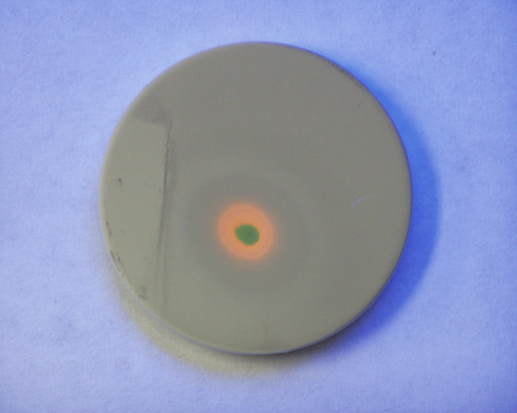 A disk with a gray surface and an orange ring surrounding a central green spot, placed on a blue background.