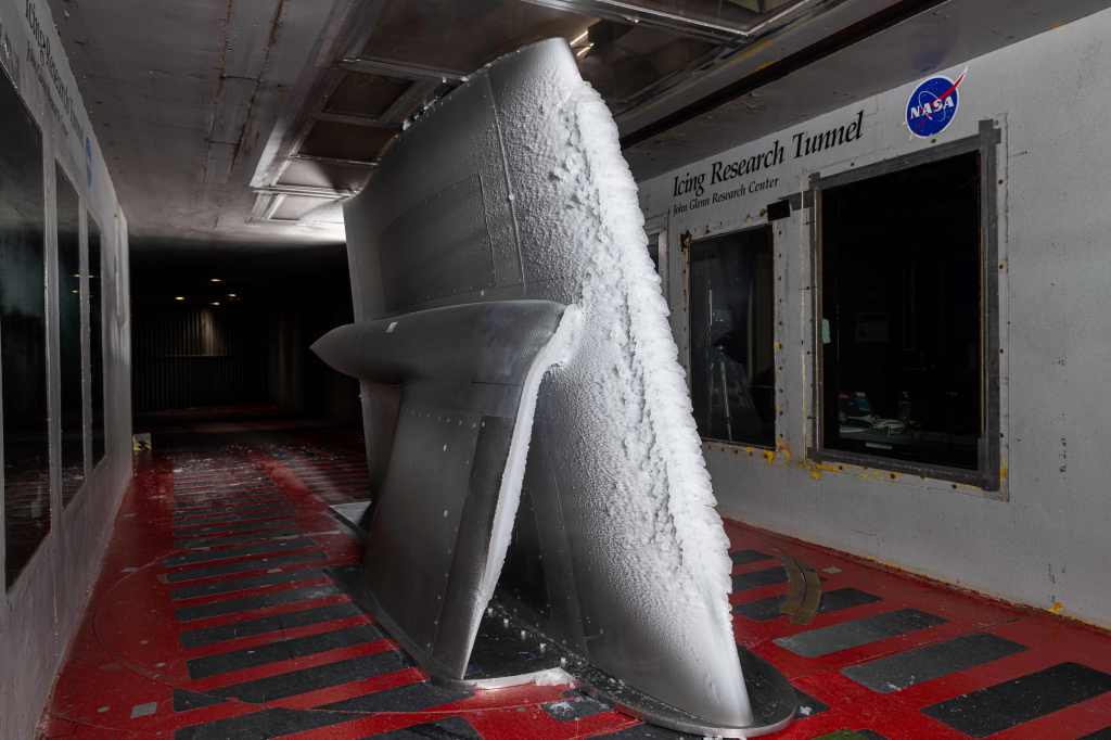 White ice accumulated on stationary wing model in NASA Glenn’s Icing Research Tunnel.