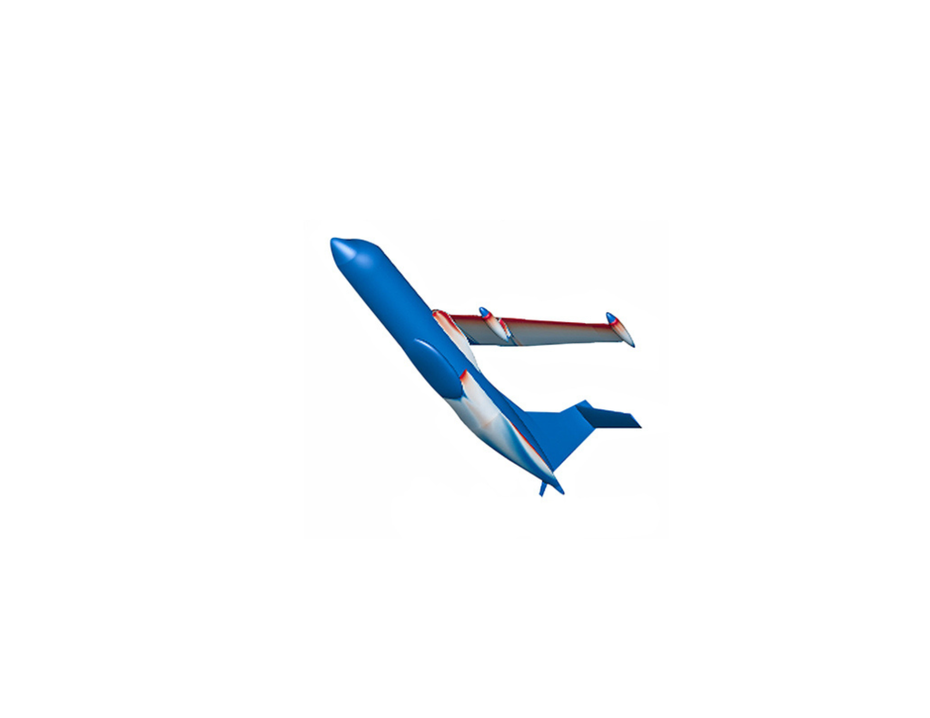 A side view of a white plane angled upward with red, white, and blue coloring along the wing and underneath the fuselage.