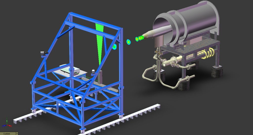 A digital rendering of the Particle Image Velocimetry (PIV) diagnostic system on a black background. The image features a large blue frame on the left and a complex metallic apparatus with pipes and cylinders on the right. See caption for more detail.