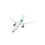 A transparent single-aisle aircraft with two jet engines connected by thin blue wires to a green battery near the center of the fuselage.