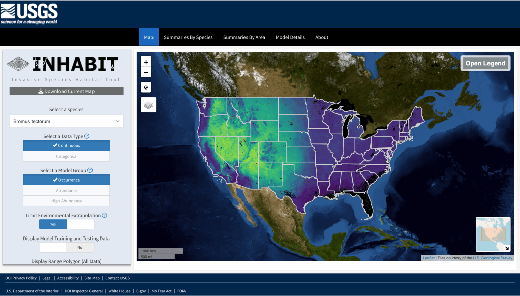 an application interface has a map of the US in a gradient from bright purple, through blue and into bright green. To the left is a bar with options to interact with the map.