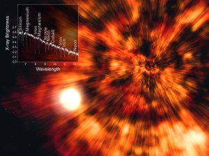 This artist's impression shows the effects of the collapse and supernova explosion of a massive star. A black hole (right) was formed in the collapse and debris from the supernova explosion is raining down onto a companion star (left), polluting its atmosphere.