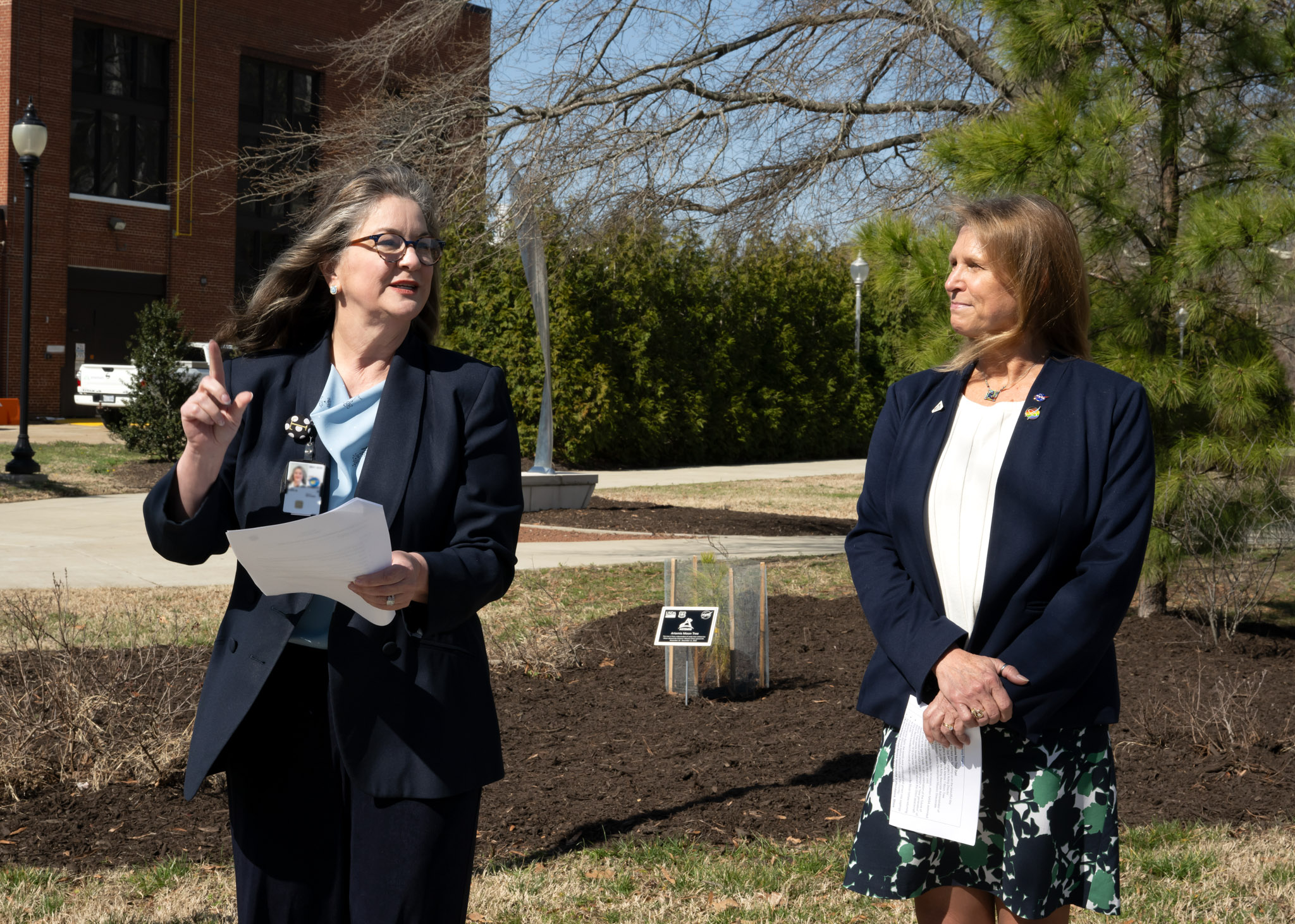 NASA’s Acting Associate Administrator for NASA's Exploration Systems Development Mission Directorate Lori Glaze and NASA Langley Acting Center Director Trina Dyal spoke at a dedication ceremony for NASA Langley's Artemis Moon Tree at the center March 12.