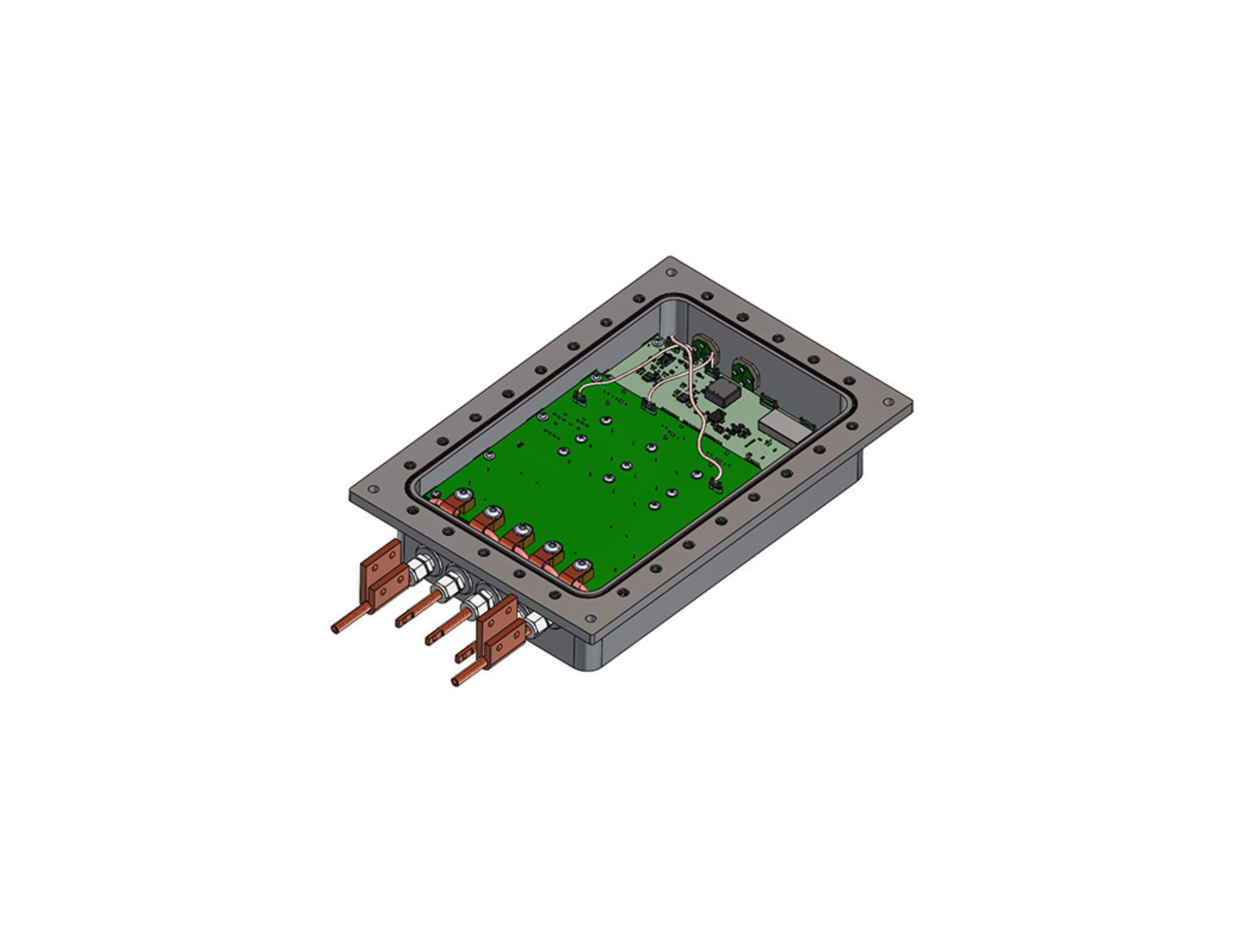A rectangular piece of hardware with green coloring inside showcasing a circuit board. Credit: NASA