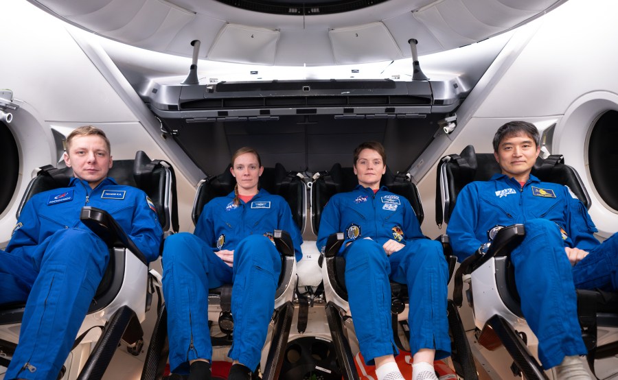 Image shows four astronauts inside their spacecraft during training in February 2025.