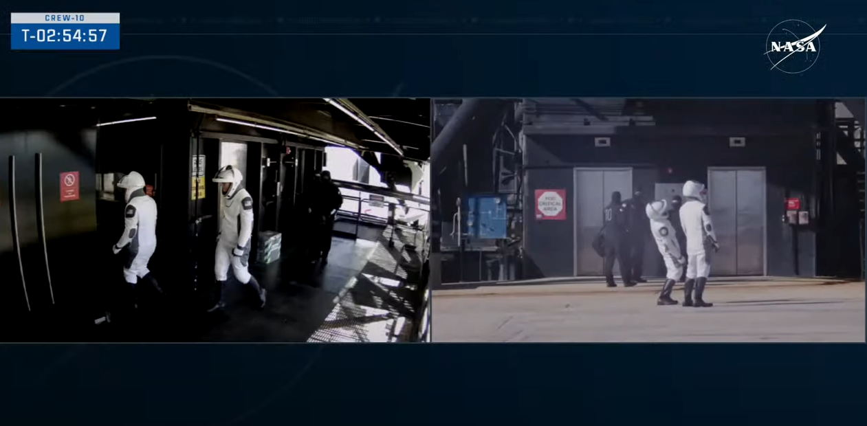 Image show astronauts and cosmosnaut arriving and Launch Pad 39A