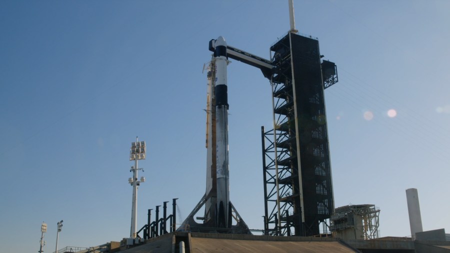 A SpaceX Falcon 9 rocket with the company’s Dragon spacecraft awaits launch at Launch Complex 39A at NASA’s Kennedy Space Center in Florida on Wednesday, March 12, 2025.