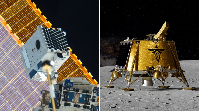 Side-by-side image featuring space telescopes NICER and LEXI. On the left, the NICER telescope is mounted on the International Space Station, with its array of X-ray detectors. Space station solar panels are seen in the background. On the right, an artist's rendering shows the LEXI telescope mounted on Firefly Aerospace's Blue Ghost lunar lander, which is covered in gold-colored insulation and situated on the Moon's surface under the stars.