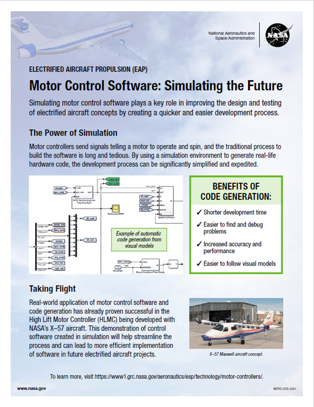  An image of a fact sheet with text and images. The title reads “Motor Control Software: Simulating the Future.”