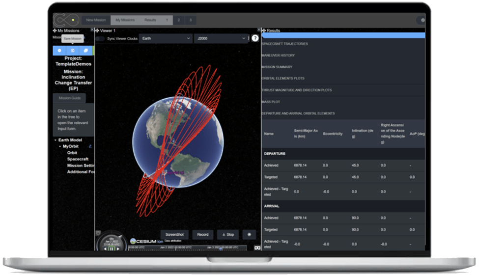 On a laptop, software runs showing orbital paths going around a 3D representation of Earth