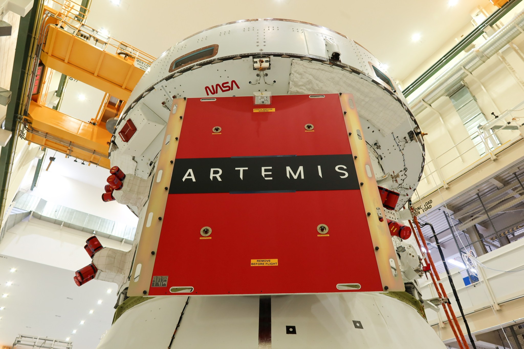 Image shows Orion spacecraft awaiting installation of four solar arrays.