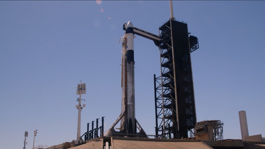 Image shows rocket at Launch Pad 39A at NASA Kennedy's Space Center in Florida.