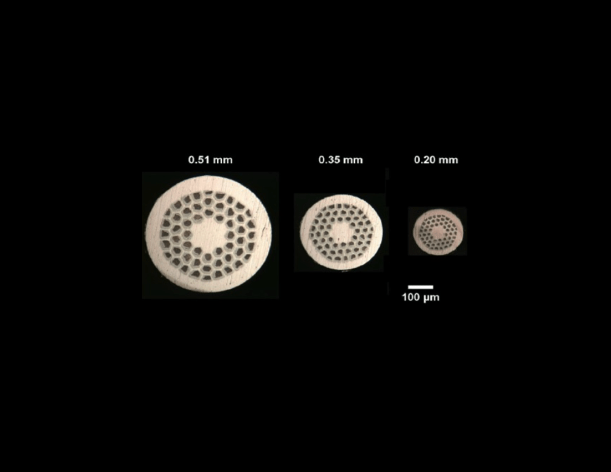 Three different cross sections of a wire decreasing in size from left to right. The circular objects feature a honey-comb texture on the inside and are displayed against a black background. On top of each cross section from left to right is text that reads “0.51 mm,” “0.35 mm,” and “0.20 mm.” In the bottom right corner is text that reads “100 µm.”