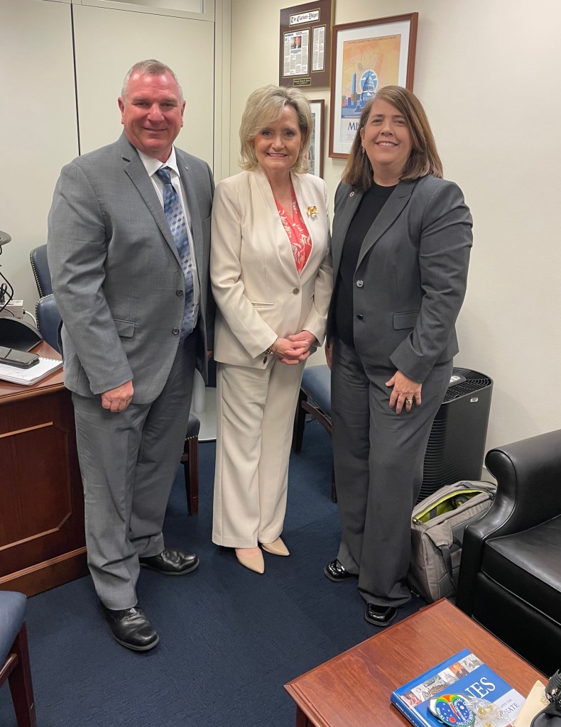 U.S. Sen. Cindy Hyde-Smith of Mississippi, center, greets NASA Stennis Deputy Director Christine Powell, right, and NASA Stennis Legislative Affairs Officer and Chief of Staff Troy Frisbie on March 4.