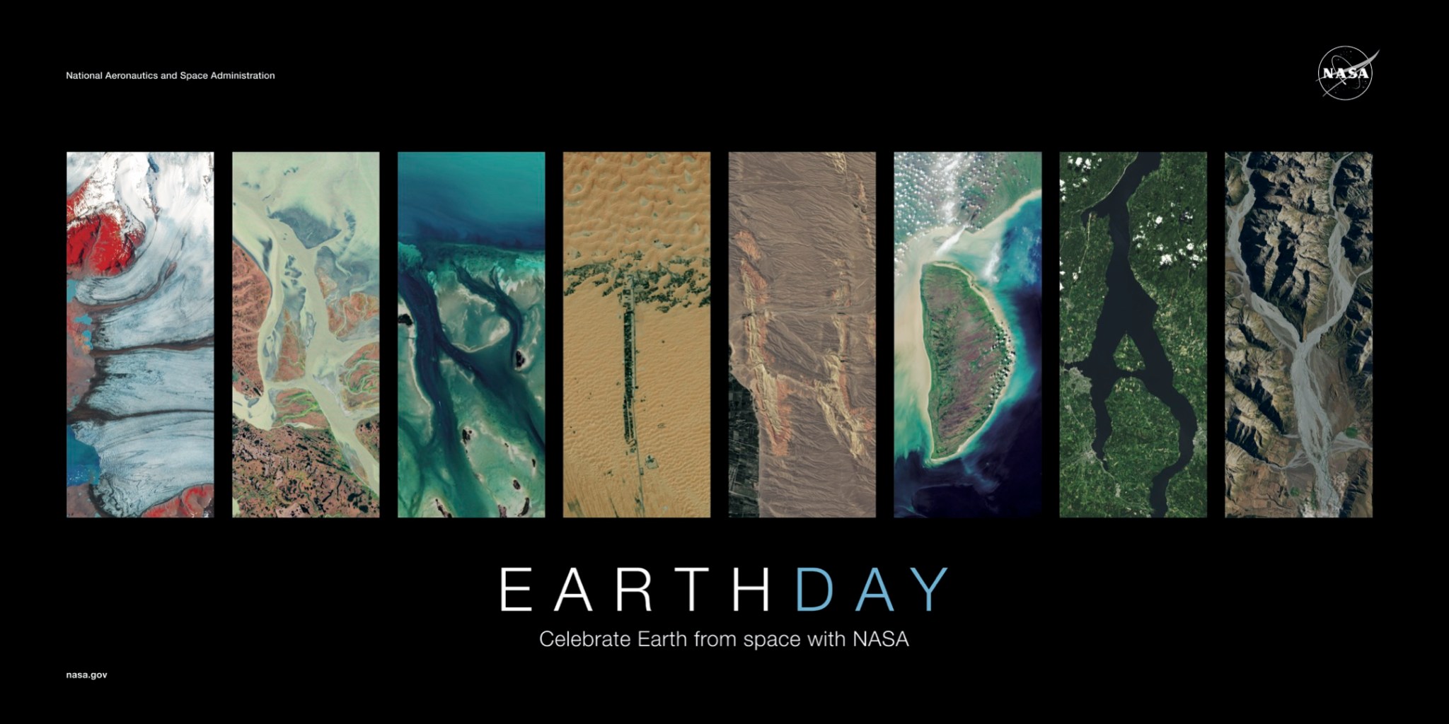 Images of places on Earth that look like letters, combined to spell out "Earth Day."