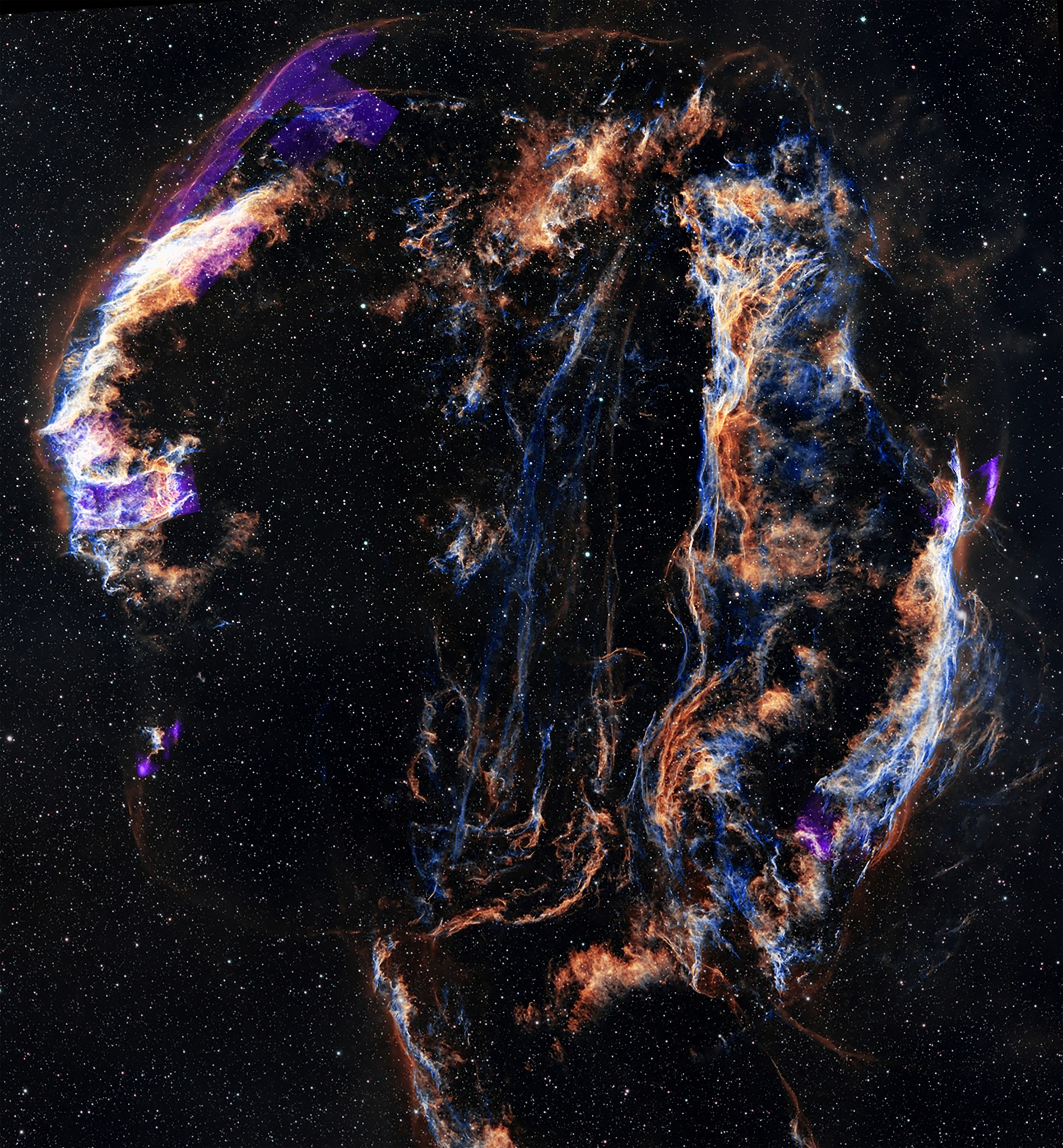 This is the supernova remnant called Cygnus Loop. The data examines this cloud of interstellar material interacting with the superheated, supernova blast wave.