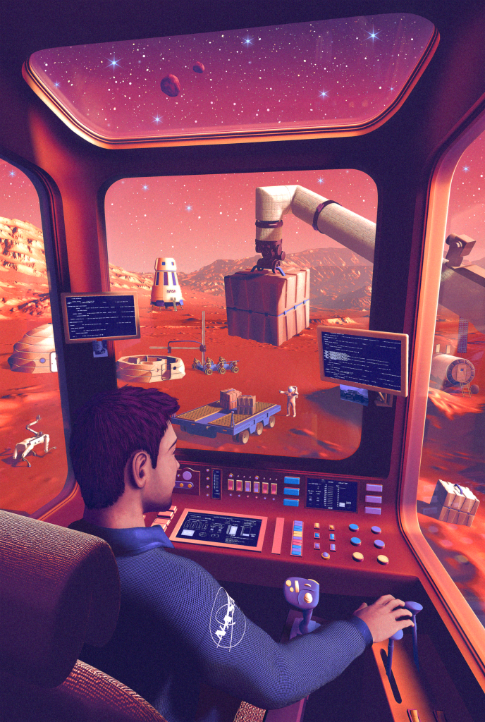 This illustration of Moon to Mars operations shows an astronaut piloting a robotic arm to manipulate cargo on Mars. NASA’s Moon to Mars Objectives establish an objectives-based approach to the agency's human deep space exploration efforts; NASA’s Moon to Mars Architecture approach distills the objectives into operational capabilities and elements.