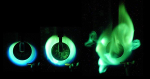 This image sequence from the BASS investigation shows a flame burning a 1-cm diameter sphere at very low air flow speed. The flame starts out blue and mostly spherical (left and center) but then as the fuel begins to heat up, after 2 minutes of burning, the vaporization from the fuel overpowers the air flow leading to highly irregular shapes.