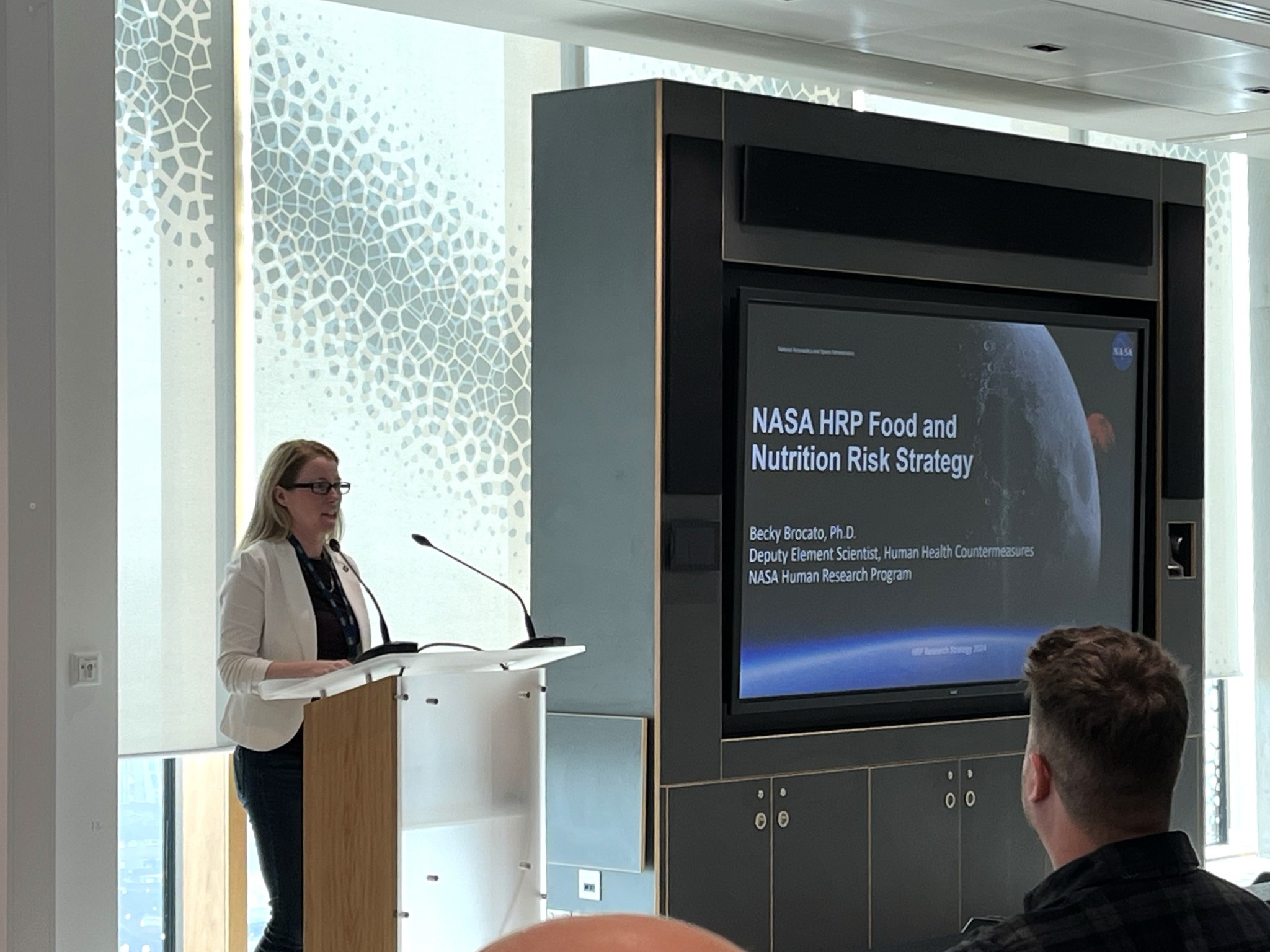 Becky Brocato gives a presentation on the research strategy for NASA’s Human Research Program to the Food and Nutrition Risk at the International Space Life Sciences Working Group Plant Symposium, held in Liverpool, England in September 2024.