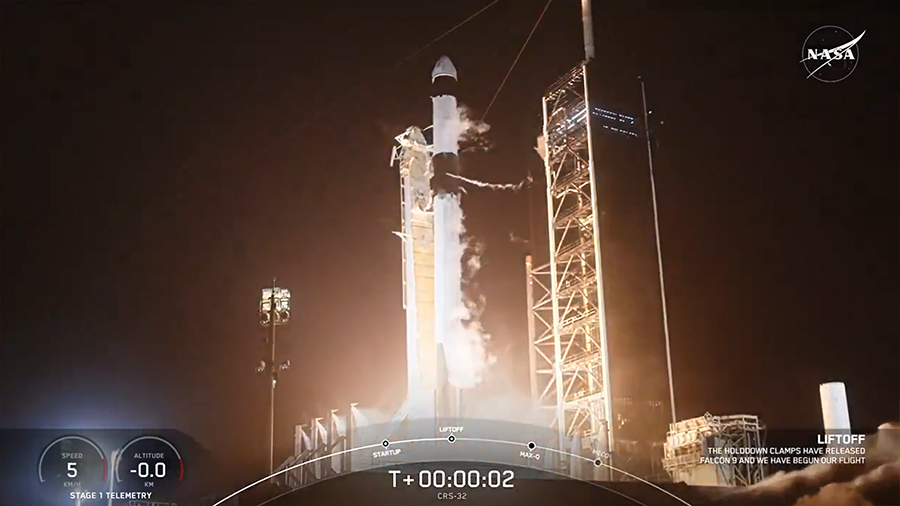 The SpaceX Falcon 9 rocket with the Dragon cargo spacecraft atop lifts off from NASA's Kennedy Space Center to resupply the Expedition 73 crew aboard the International Space Station.