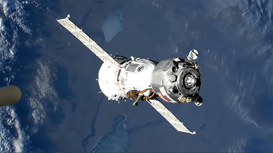 The Soyuz MS-26 spacecraft carrying NASA astronaut Don Pettit and Roscosmos cosmonauts Alexey Ovchinin and Ivan Vagner departs the International Space Station.