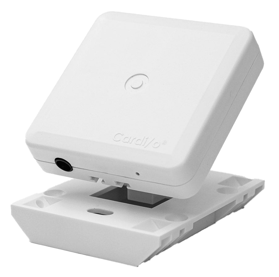 A square shaped device on a trapezoidal mount, "Cardi/o" is imprinted on the surface