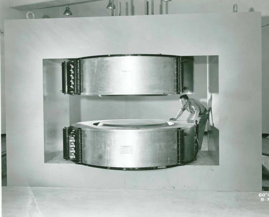 Closeup of large cyclotron magnets.