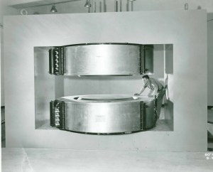 Closeup of large cyclotron magnets.
