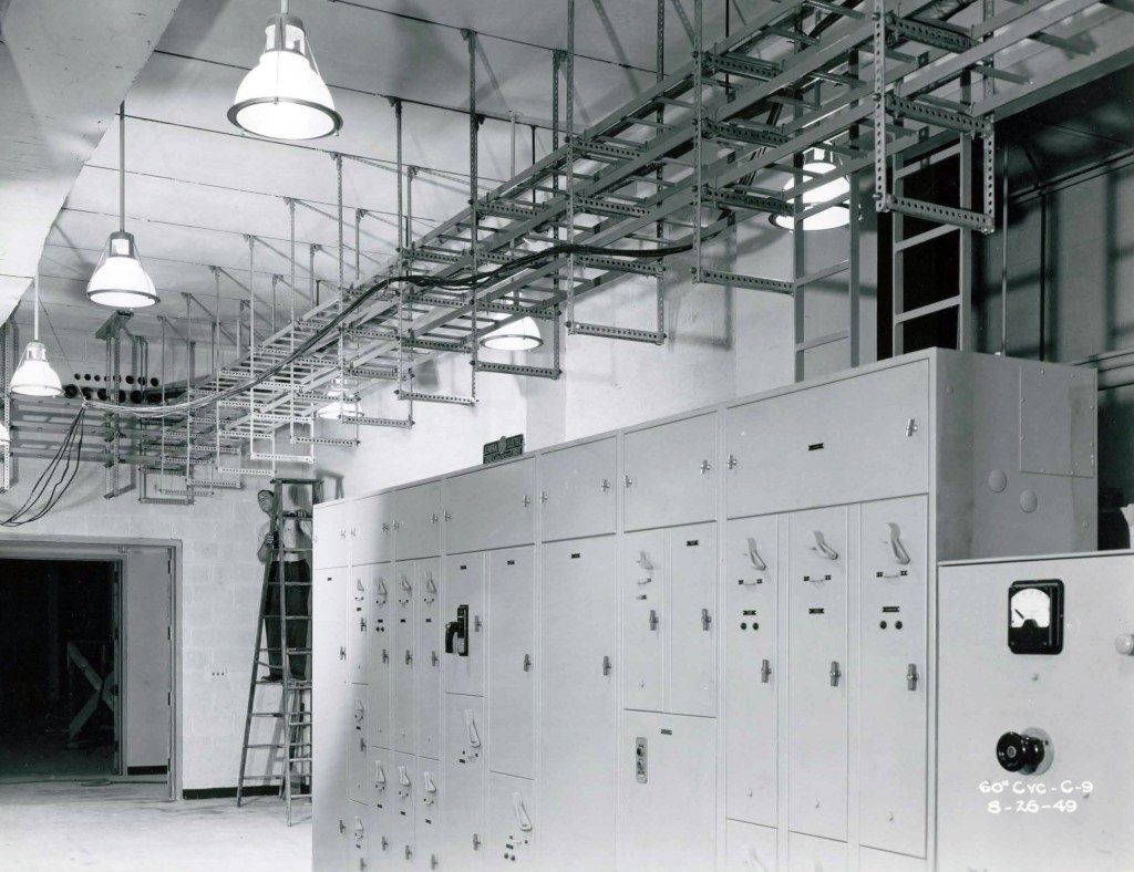 Electrical panels in large room.