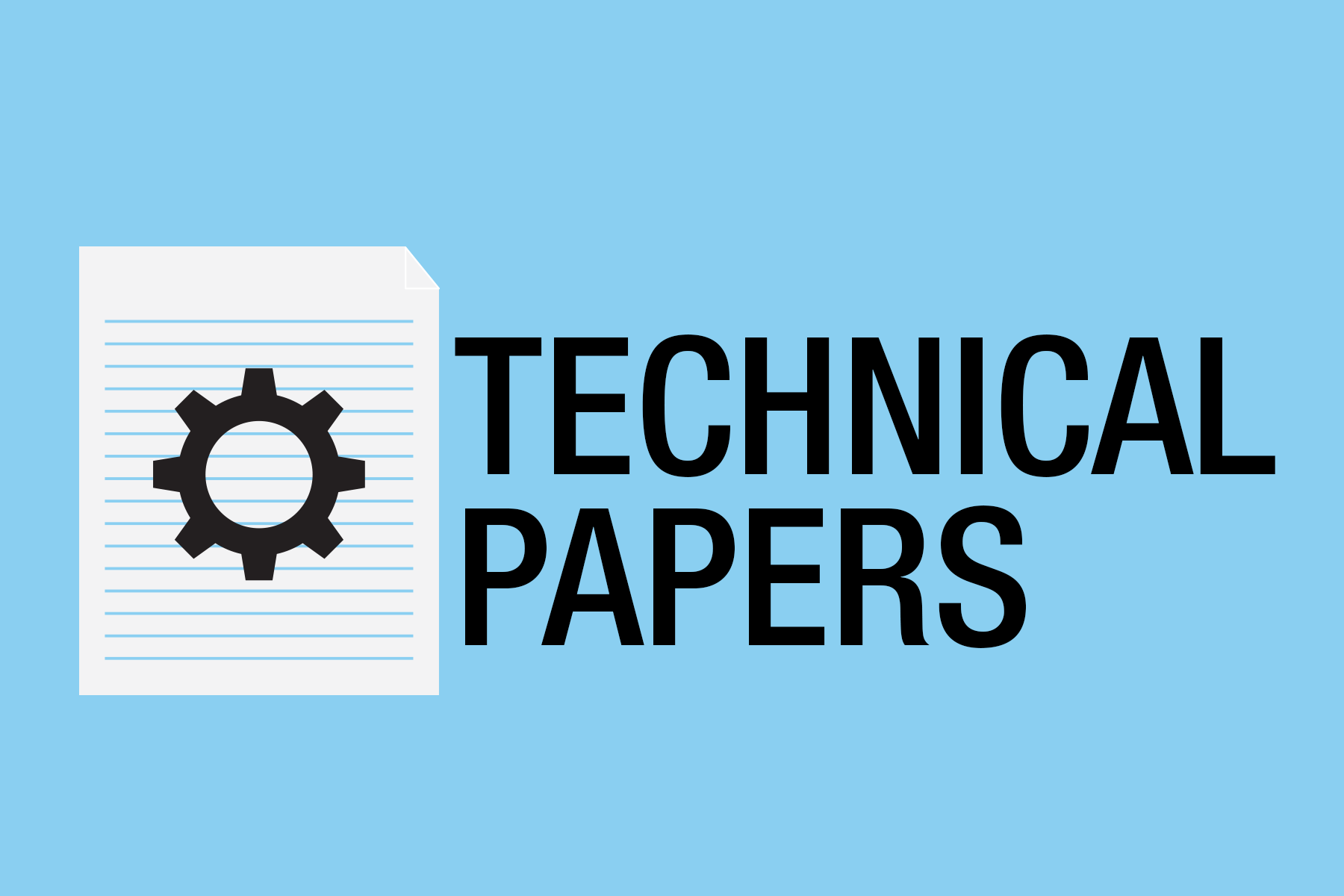 Technical Papers on a blue background with an icon of a paper with a cog wheel on it.