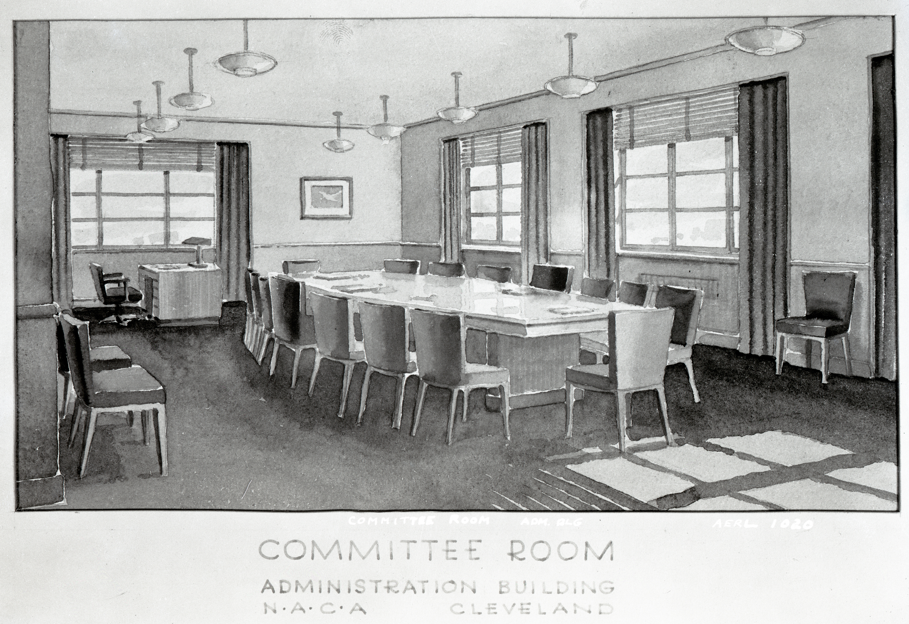 Watercolor rendering of conference room.