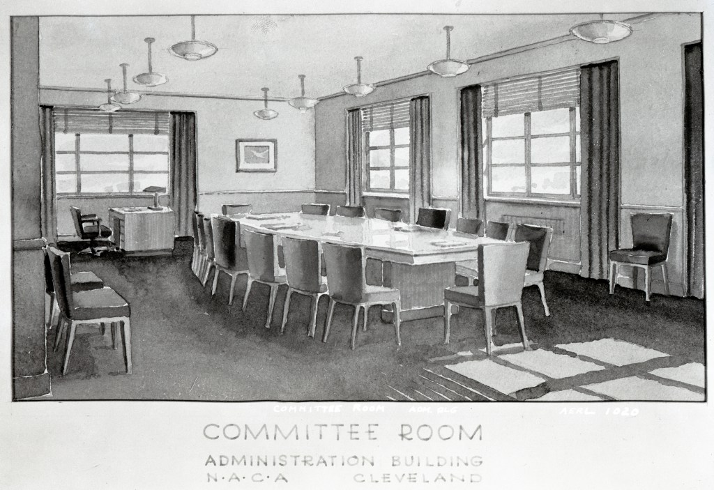 Watercolor rendering of conference room.