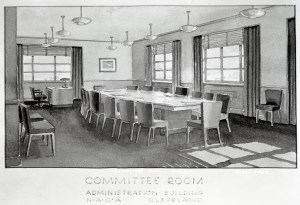 Watercolor rendering of conference room.