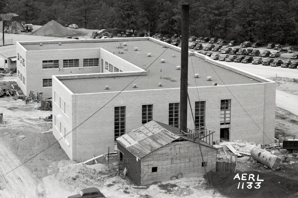 Aerial view of office building.