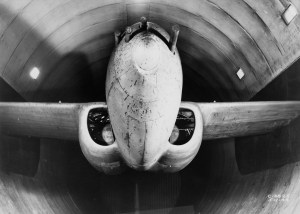 Jet aircraft in wind tunnel test section.