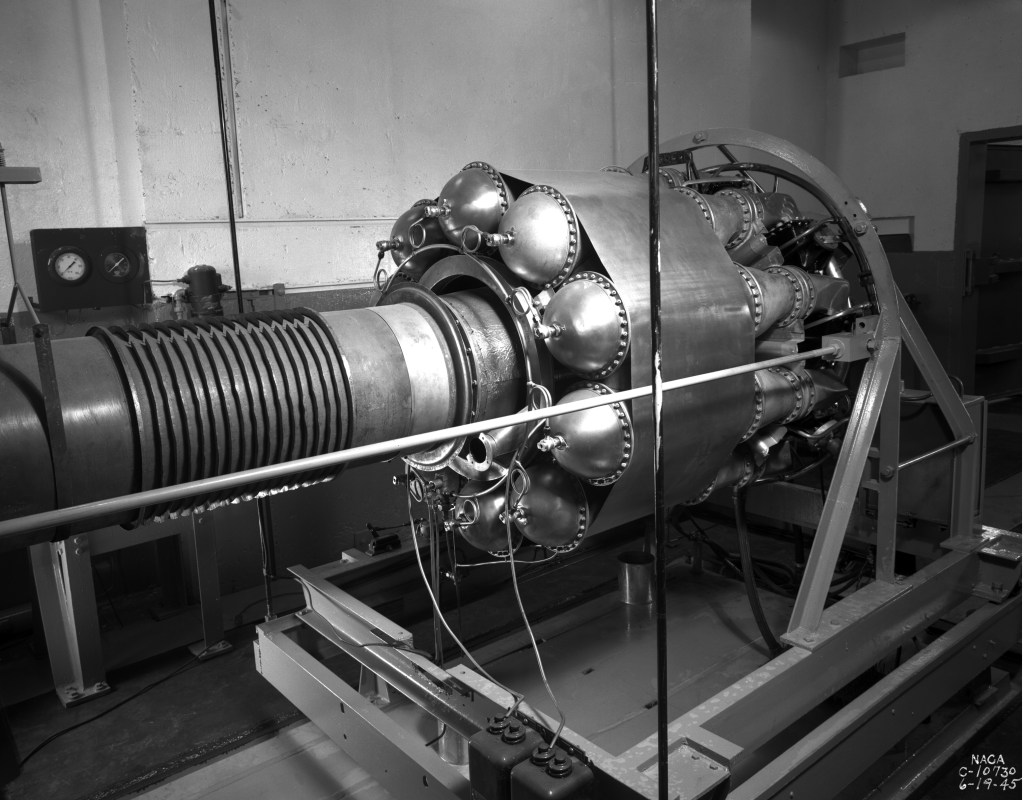 Jet engine installed in test cell.