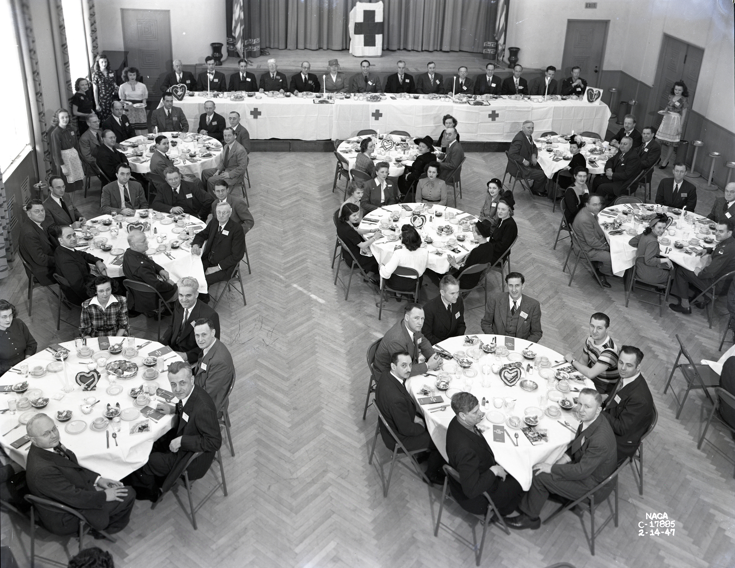 View from above of tables in auditorium.