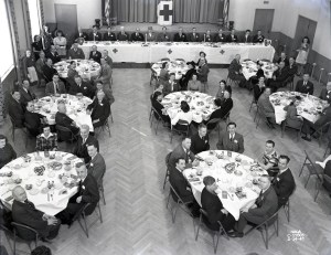 View from above of tables in auditorium.