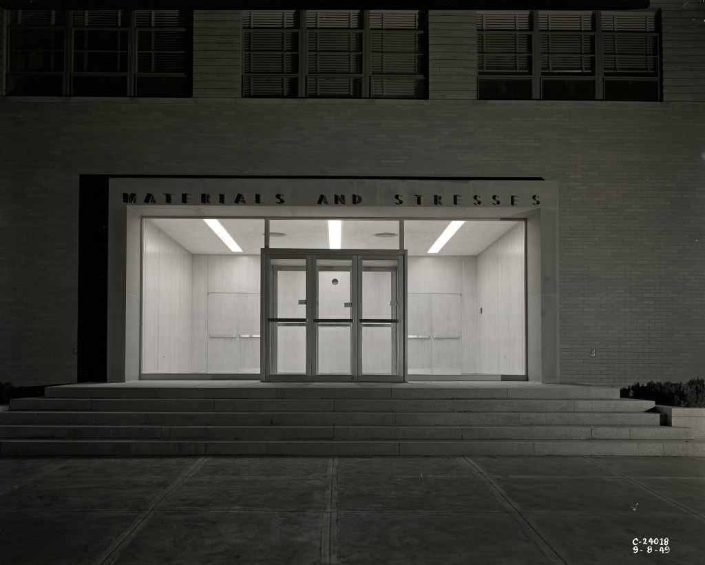 Building entrance at night.