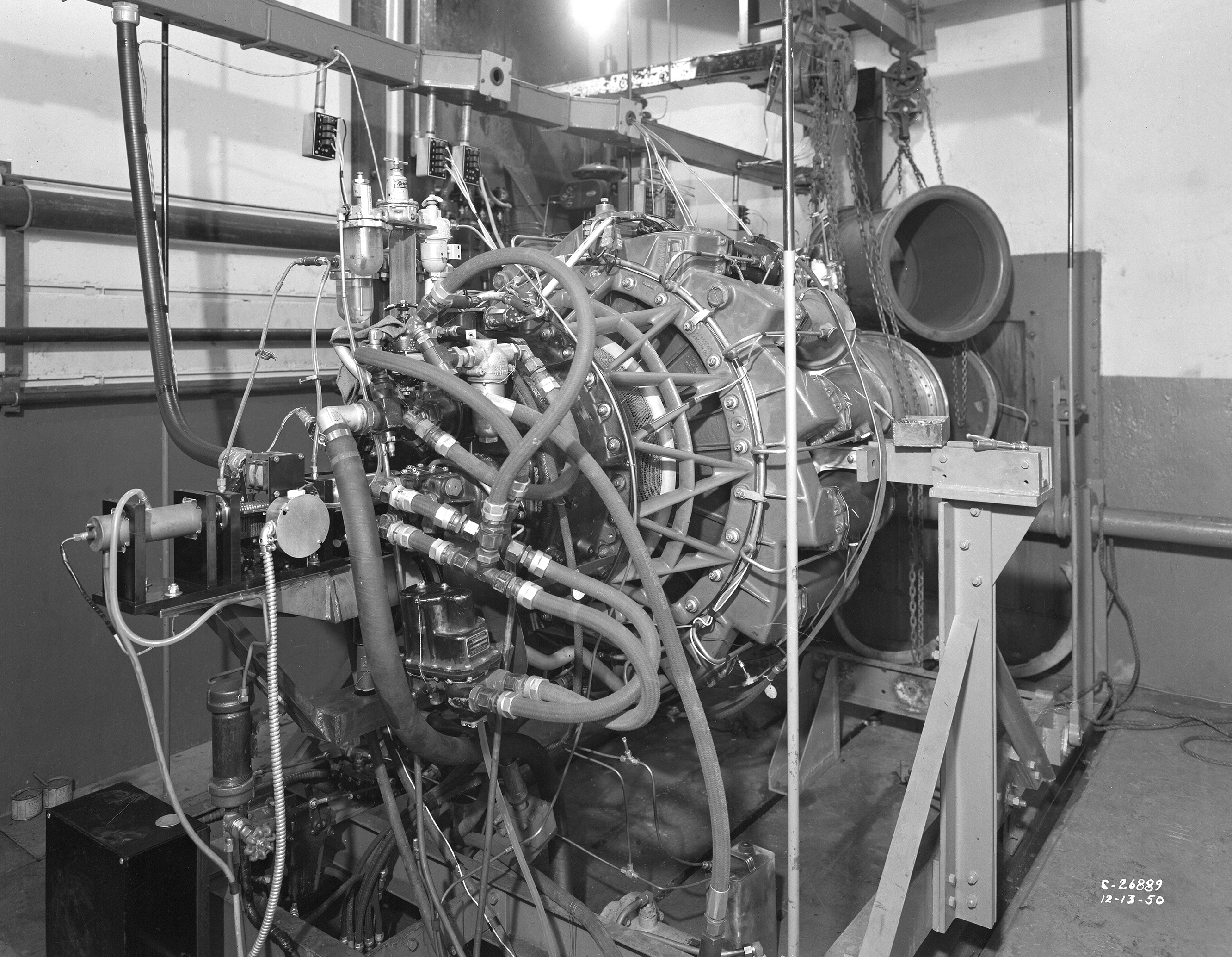 Jet engine installed in test cell.