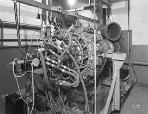 Jet engine installed in test cell.