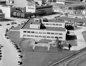 Aerial view of U-shaped building.